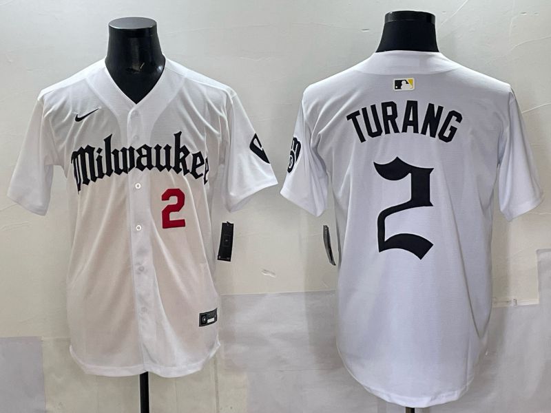 Men 2025 Milwaukee Brewers #2 Turang White Five generations Joint Name Nike MLB Jersey style 7->milwaukee brewers->MLB Jersey